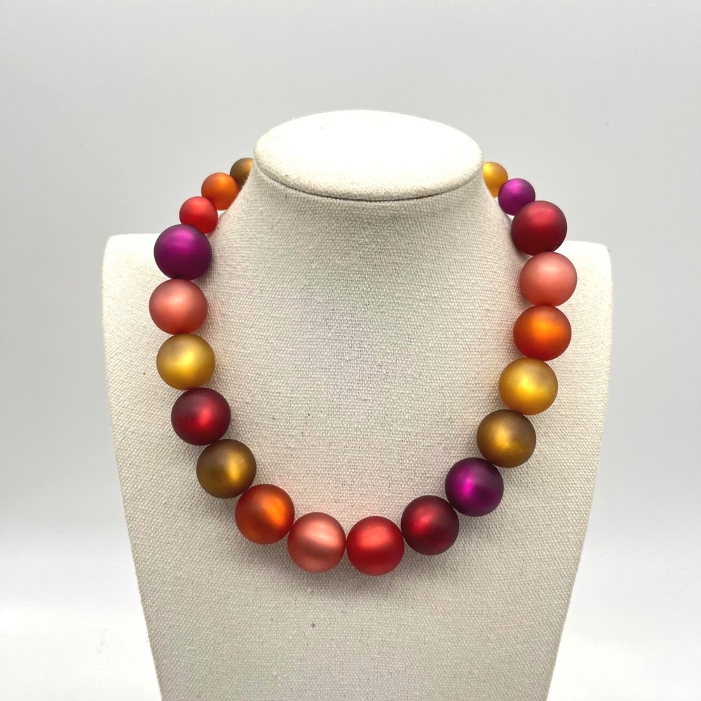 Avon PMA Frosted Matte Acrylic Bead Necklace Sunset Red Orange Purple Gold 20.5"